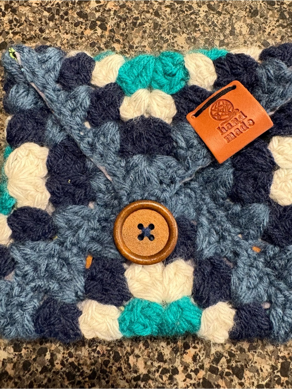 Handmade Crochet Granny Square Envelope Clutch - Blue, Cream & Teal